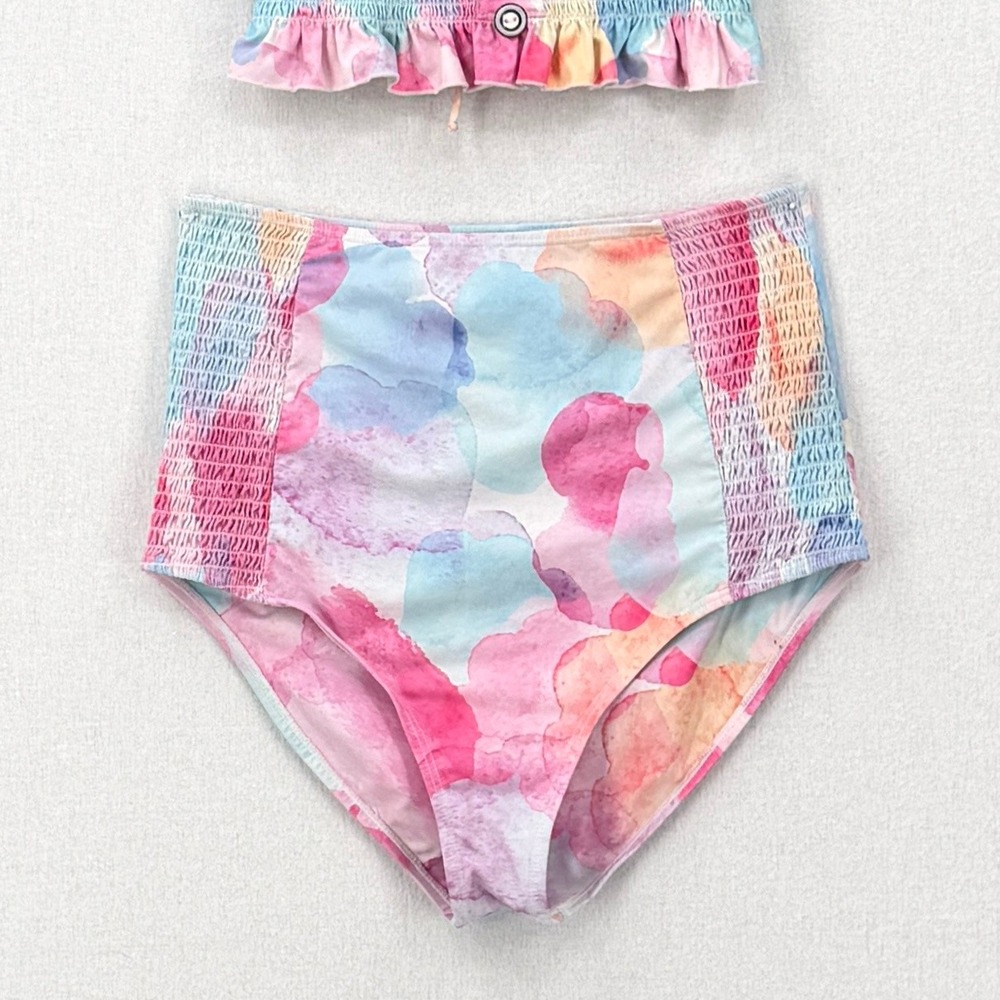 RAD SWIM Betsy Smocked Bikini Medium Pink Blue Watercolor High Waist Swimsuit - Picture 8 of 16
